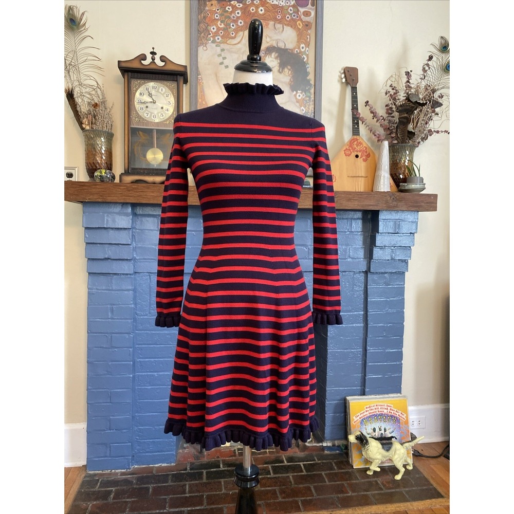 1901 Red Navy French Stripe Sweater Dress XXS Ruffle Mock Neck Nordstrom Classic